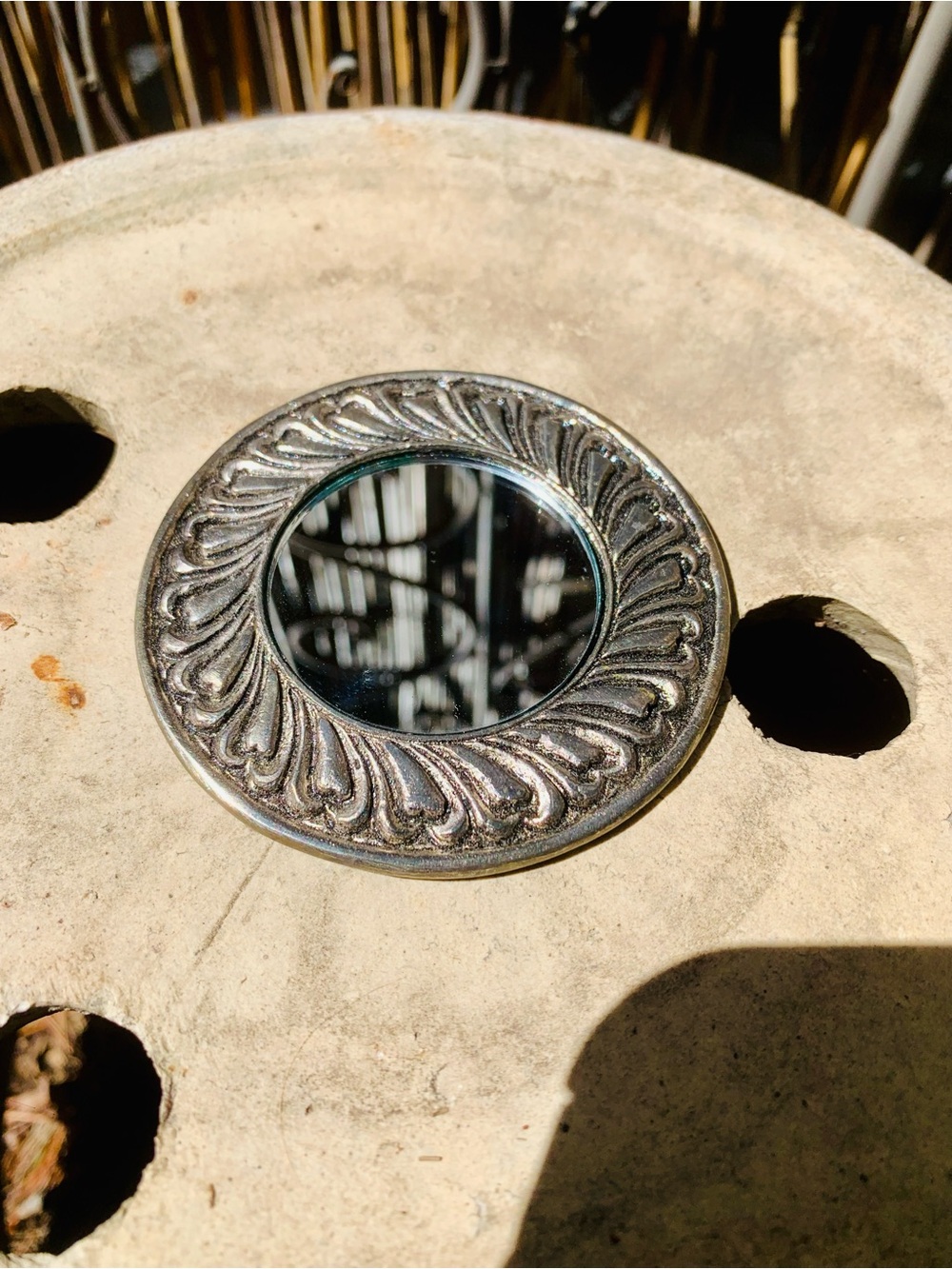 Ornate Silver Round handheld Mirror - travel